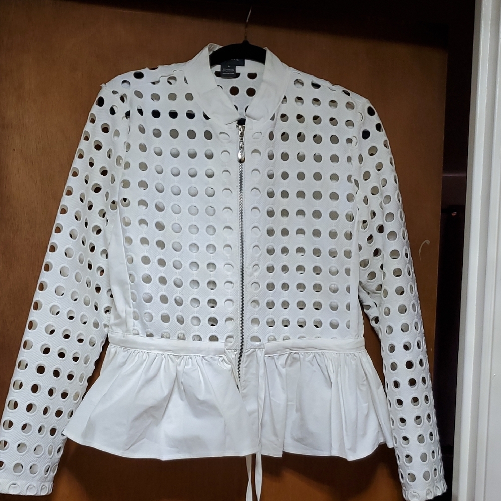 White Bomber Jacket with Perforated Design and Peplum Waist
